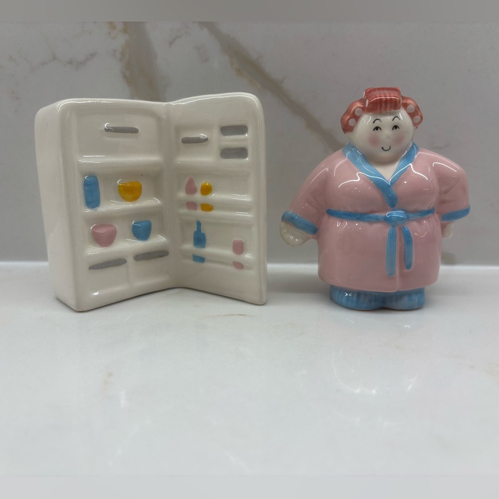 Vintage Clay Art Salt and Pepper Shakers Lady In Bathrobe & Open Refrigerator